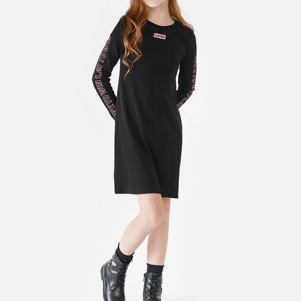 Futurino Ribbed Girls’ Long Sleeve Black Dress